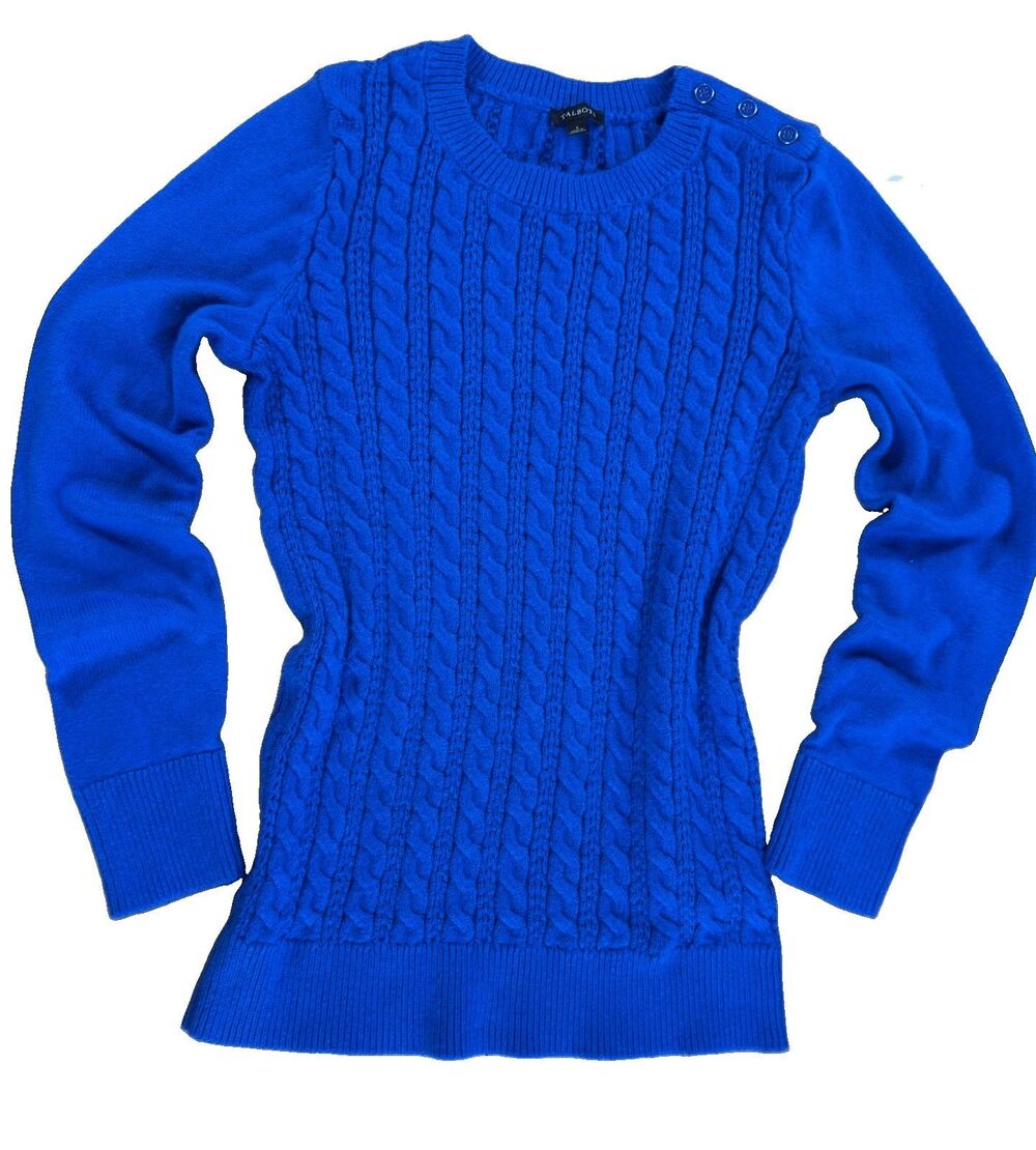 Talbots Womens Cobalt Blue Cable Knit Sweater Button Shoulder Small 393675